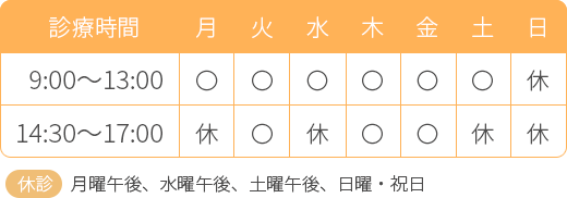 江東区北砂の皮膚科 砂町あんず皮フ科の診療時間は月・水・土：9:00～13:00、火・木・金：9:00～13:00、14:30～17:00 休診日：月曜午後、水曜午後、土曜午後、日曜・祝日